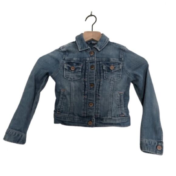 ❤️5/$25 SALE Gap Kids Crop Long Sleeve Blue Denim Button Snap Pocket Jean Jacket - Picture 1 of 8